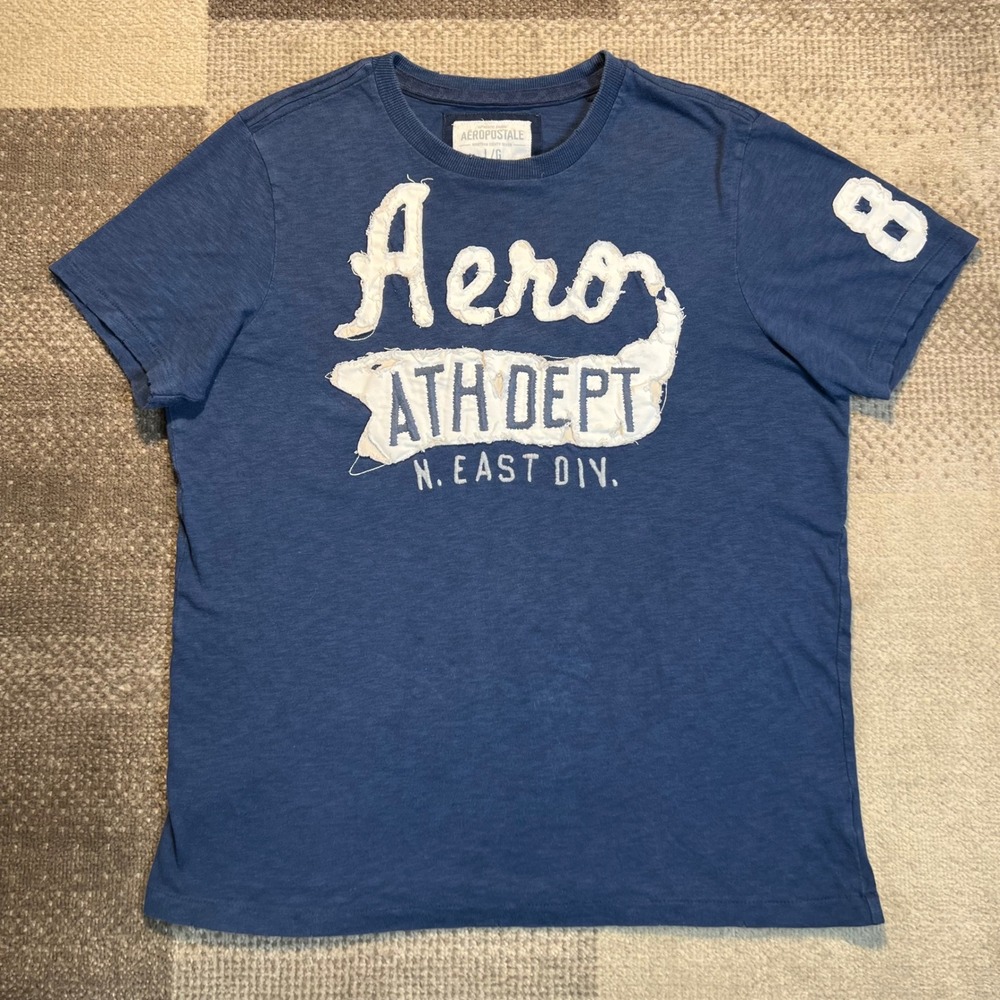 Y2K Aeropostale Mens Embroidered Ath Dept T-Shirt Blue Distressed Applique Large